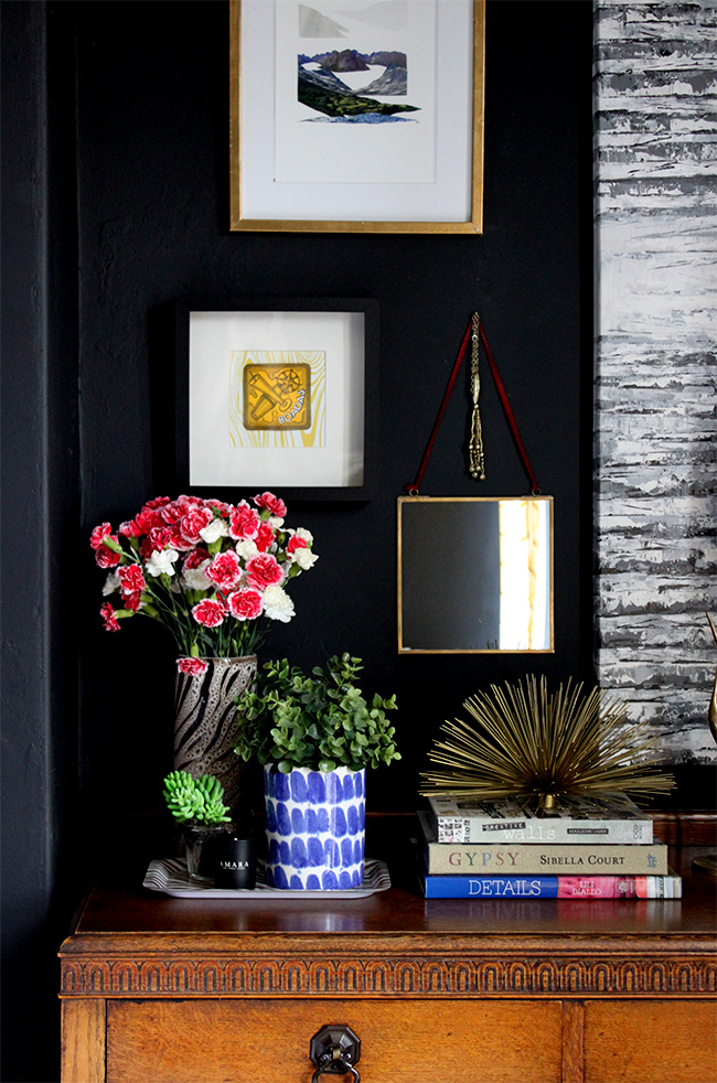 black bedroom dresser vignette