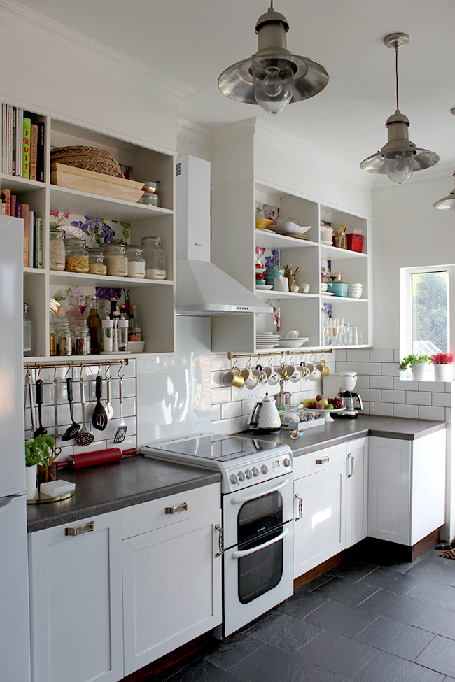 white kitchen with subway tile