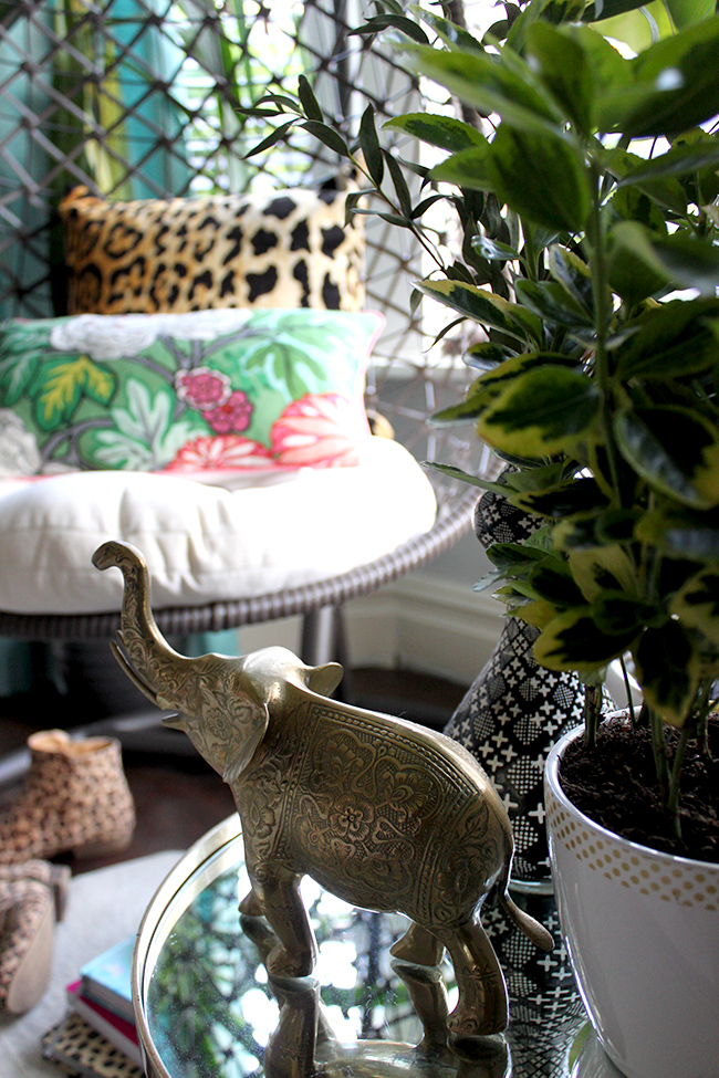 Jungle Trend - brass elephant, chaing mai dragon cushion, leopard print, hanging chair