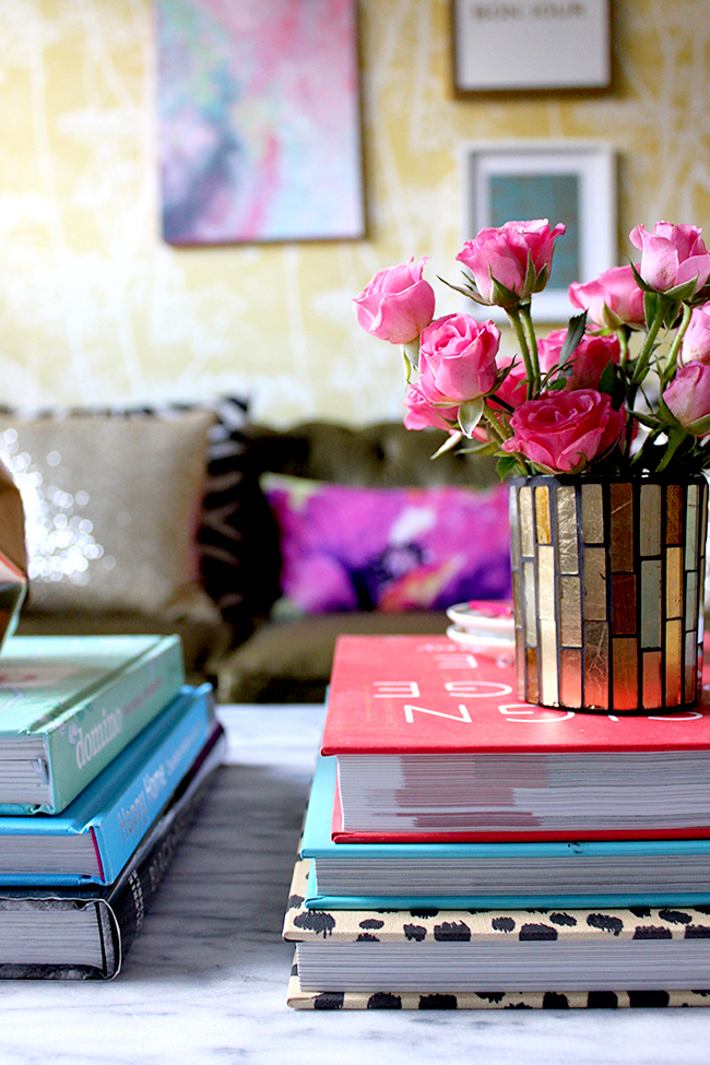 Coffee table books in stacks