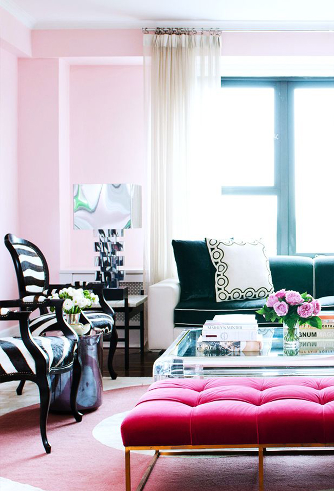 pink and emerald green living room