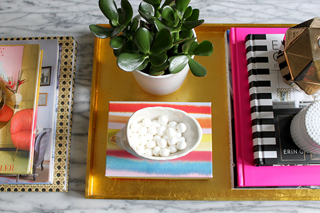 colourful coffee table vignette