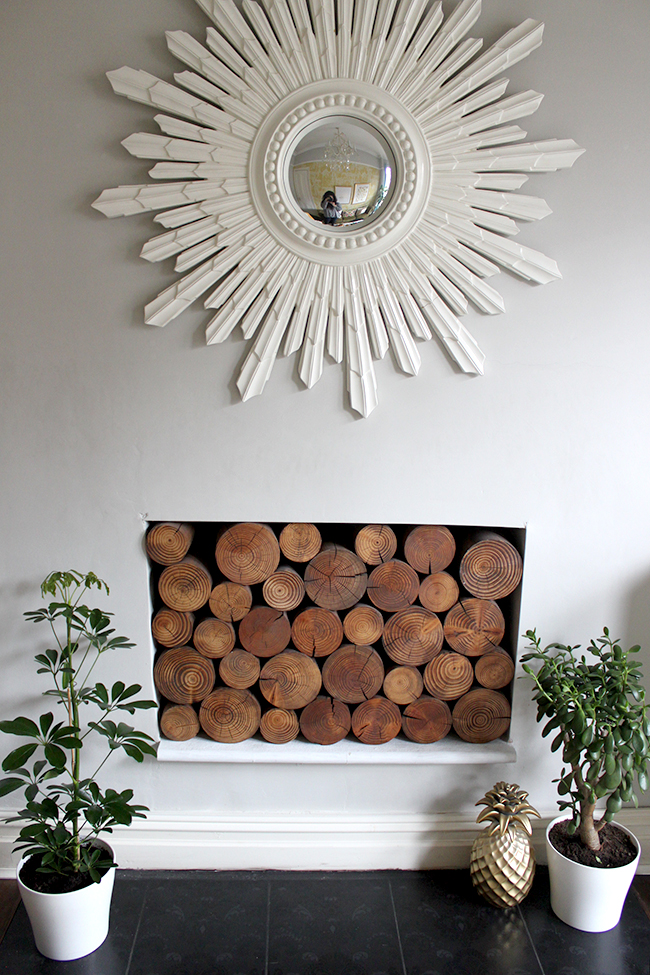 fireplace with decorative logs and plants