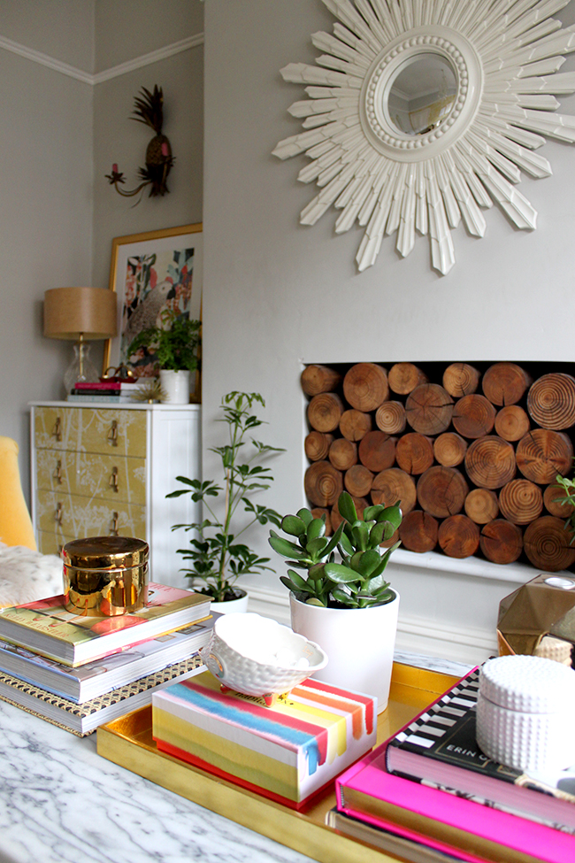 colourful coffee table vignette