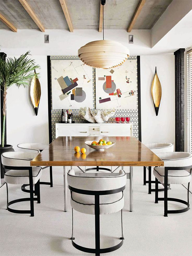 black and white eclectic dining room