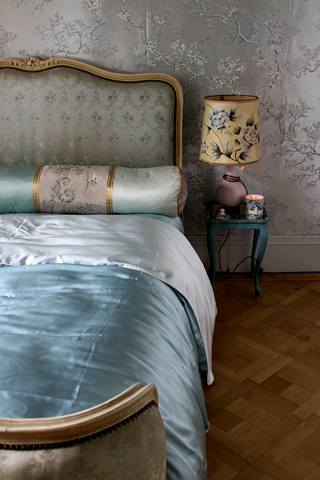 Silver metallic wallpaper - bedroom with parquet flooring - Swoon Worthy - LivingEtc House Tour