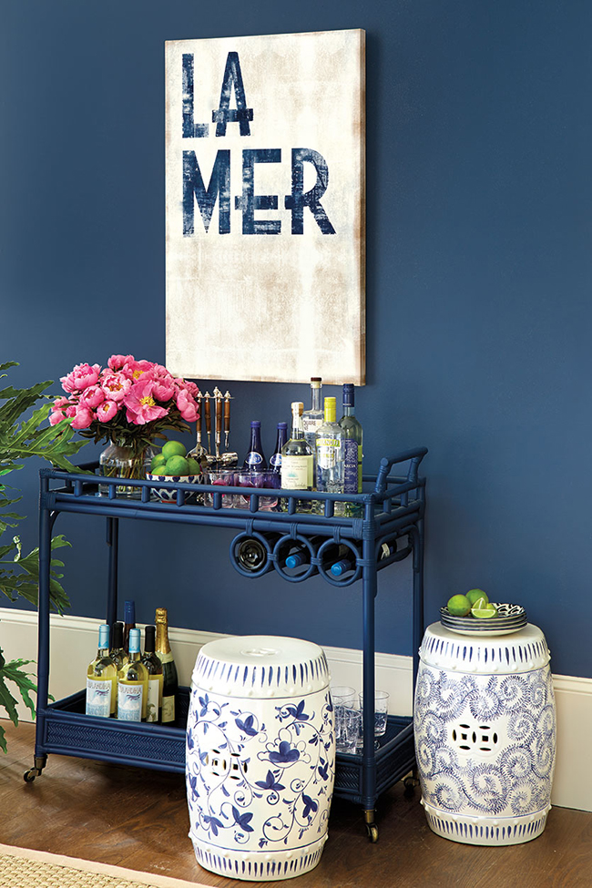 deep blue walls and barcart