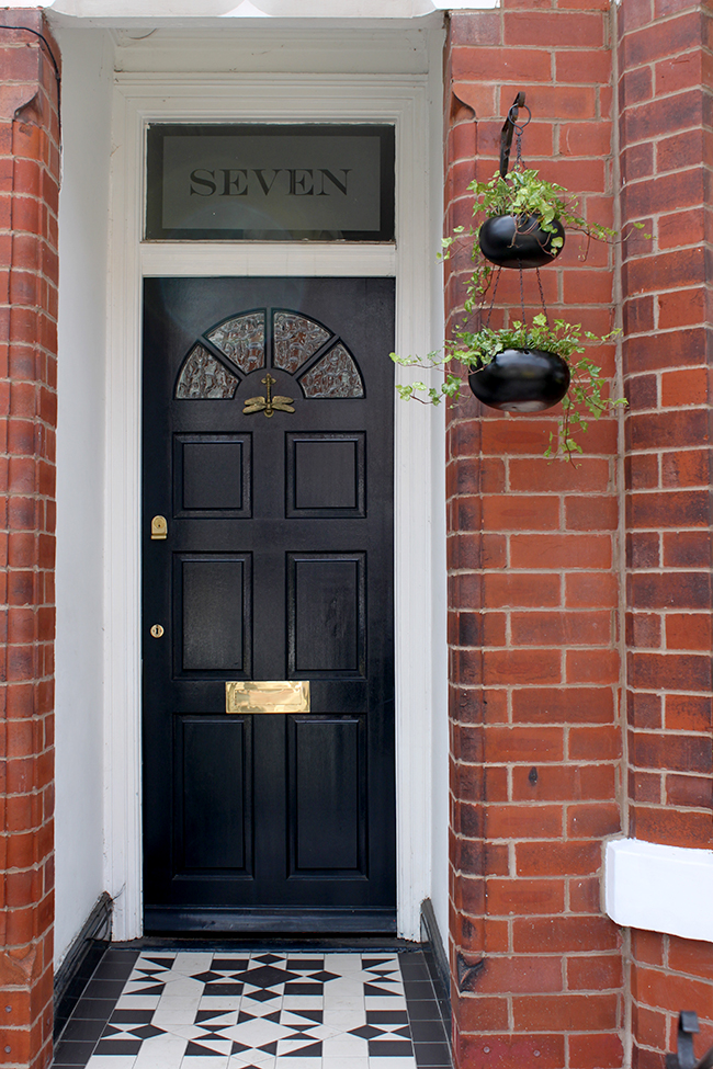 Edwardian front door in Farrow and Ball Hague Blue with Victorian Floor Tiles and hanging planter - Swoon Worthy