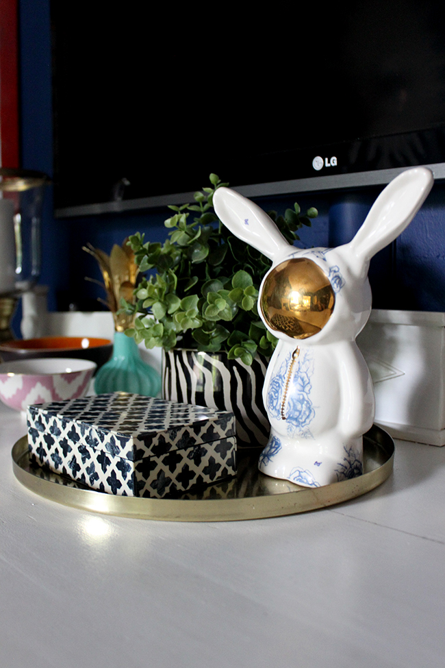 Swoon Worthy dining room - vignette with space bunny and moroccan box