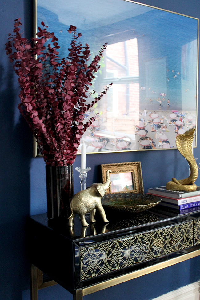 Swoon Worthy dining room - console table vignette indigo blue, cranberry and gold