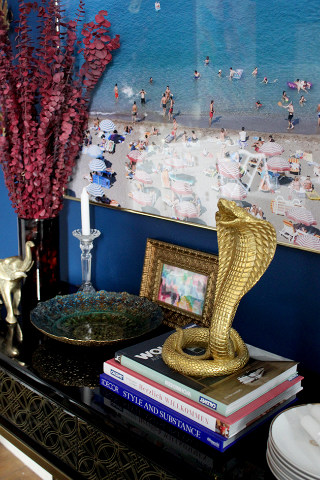 Swoon Worthy dining room - console table vignette indigo blue, cranberry and gold