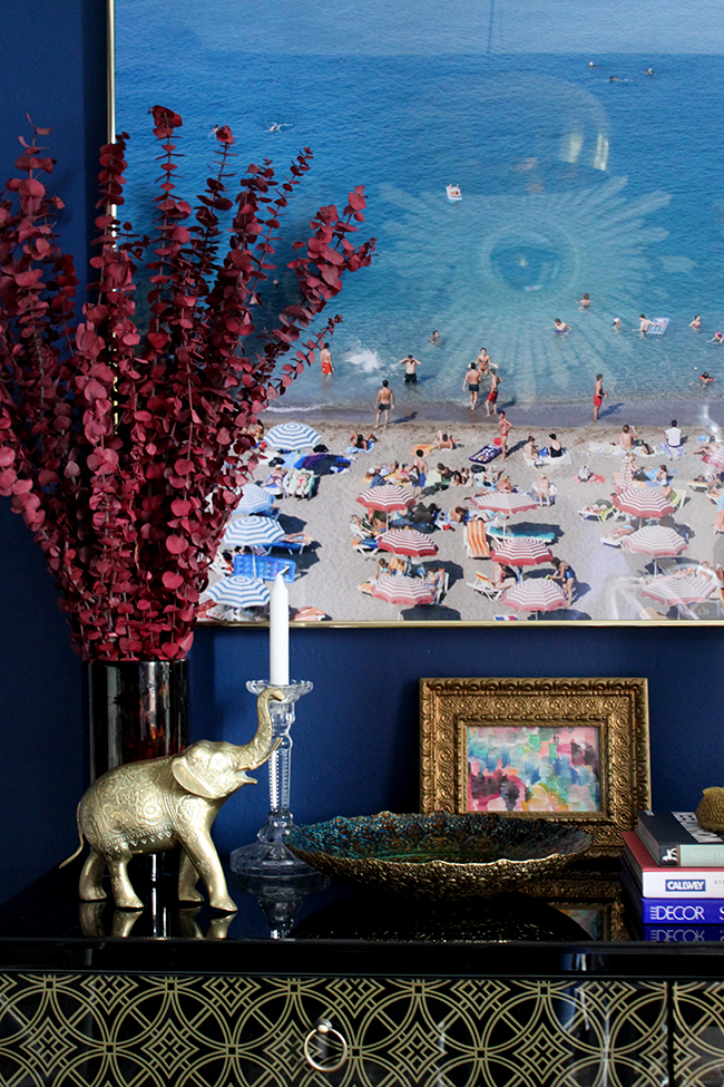 Swoon Worthy dining room - console table vignette indigo blue, cranberry and gold