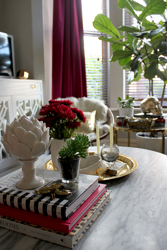 Swoon Worthy Living Room - marble coffee table - dark berry and gold