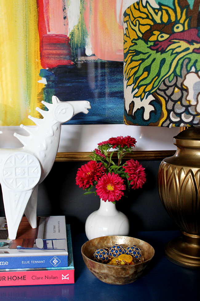 Swoon Worthy - bedside table vignette colourful boho white horse