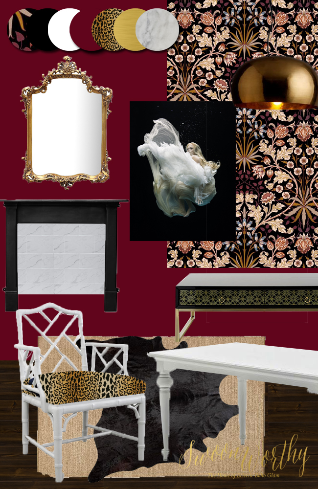 Swoon Worthy Dining Room Moodboard in berry, black and gold