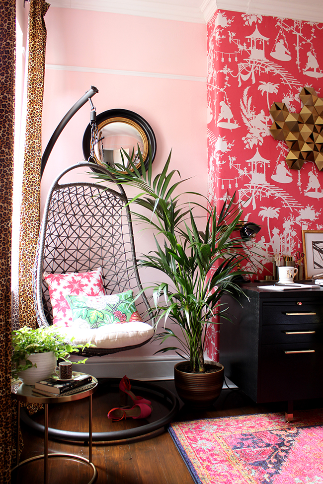 Swoon Worthy office - hanging chair with leopard print curtains and blush pink walls