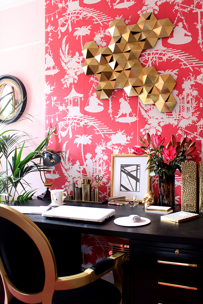 Swoon Worthy - office with bright pink wallpaper and leopard print file folders