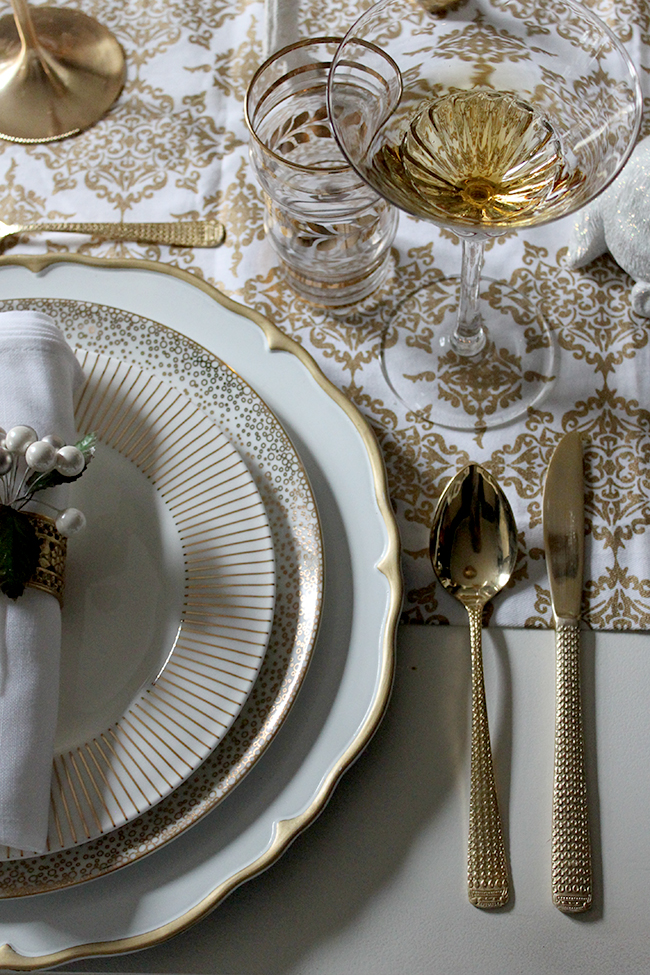 Swoon Worthy - Gold, black and white Christmas Dining Table setting - see more at www.swoonworthy.org