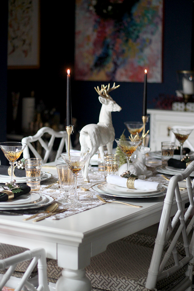 Swoon Worthy - Gold, black and white Christmas Dining Table setting - see more at www.swoonworthy.org