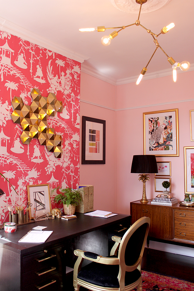 Swoon Worthy office - pink walls with white picture rail and coving