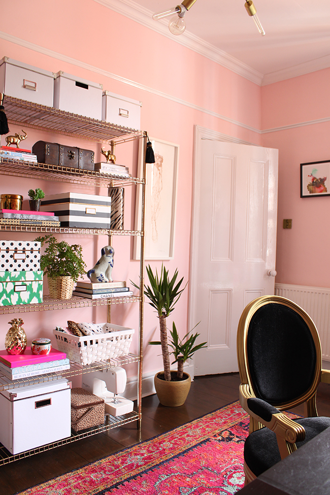 Swoon Worthy blush pink office with gold shelves