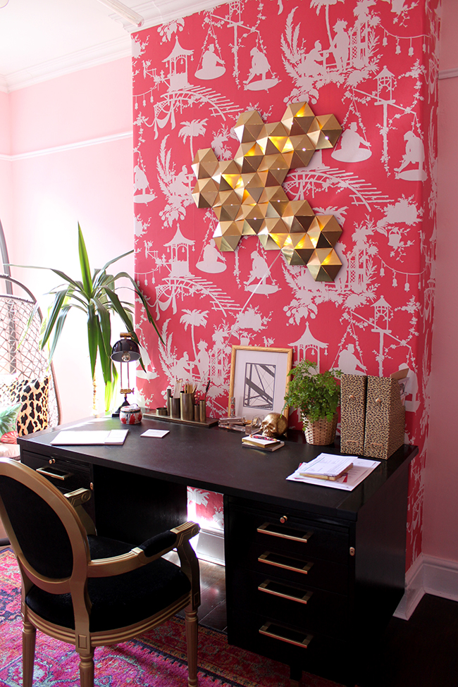 black desk in pink wallpapered office - see more at www.swoonworthy.org