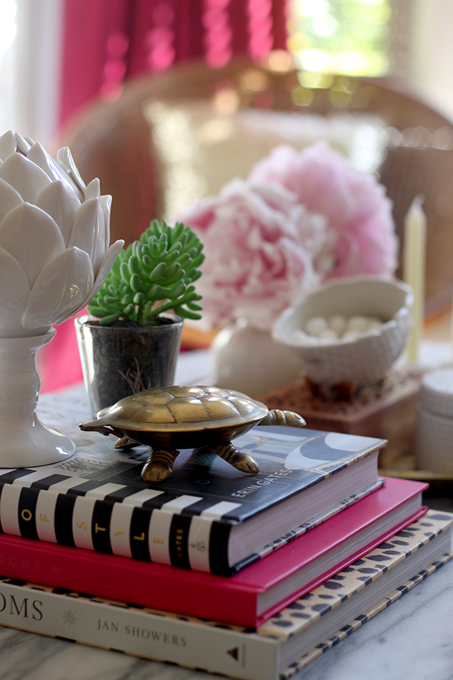 coffee table vignette with vintage brass turtle - see more at www.swoonworthy.org