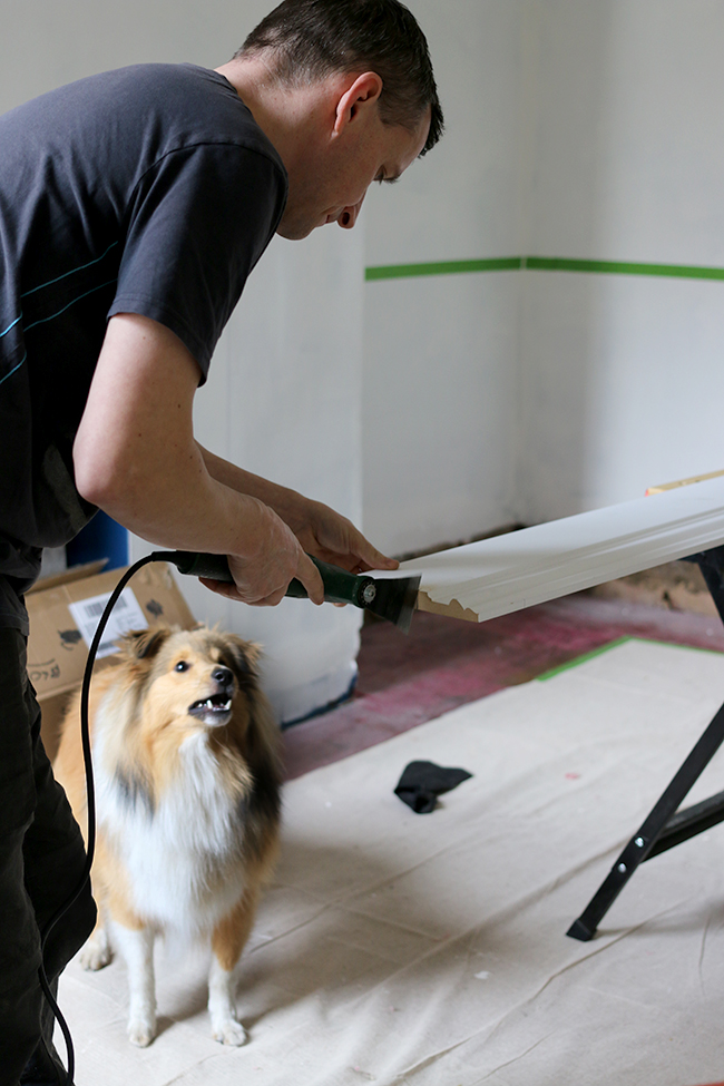 dining room remodel - installing skirting boards - see more at www.swoonworthy.org