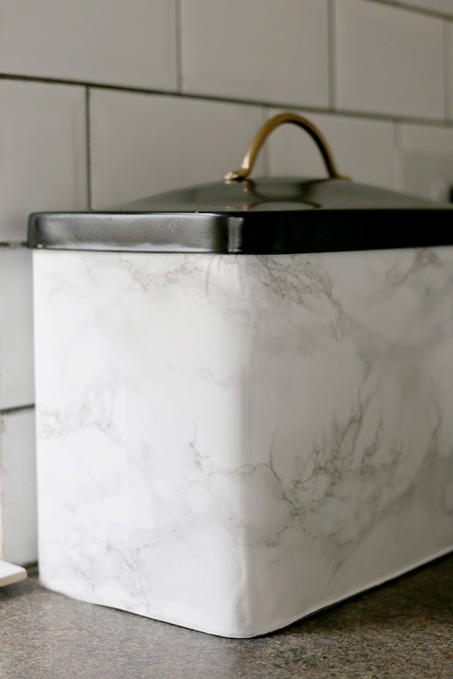 Glam up your kitchen with a faux marble DIY bread bin