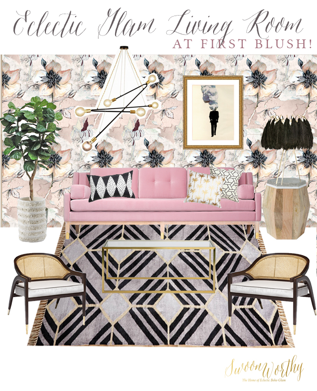 Eclectic Boho Glam Living Room in Blush, Black and Gold