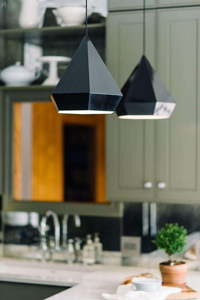 Gorgeous lighting from The Makerista's green kitchen