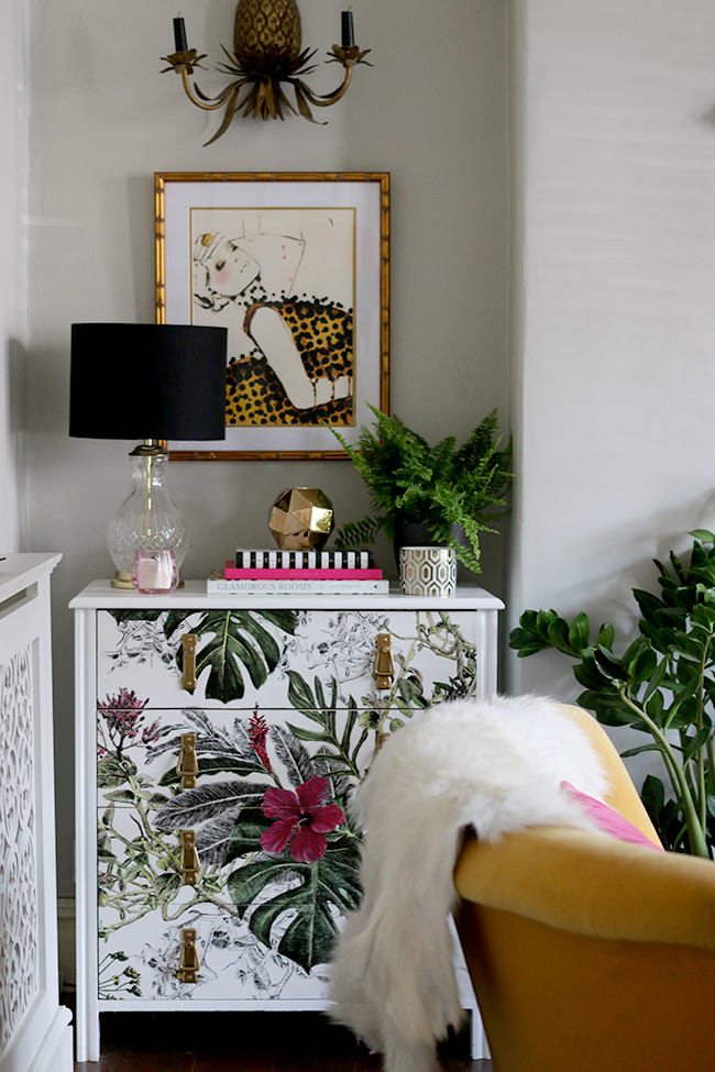 tropical wallpaper on chest of drawers