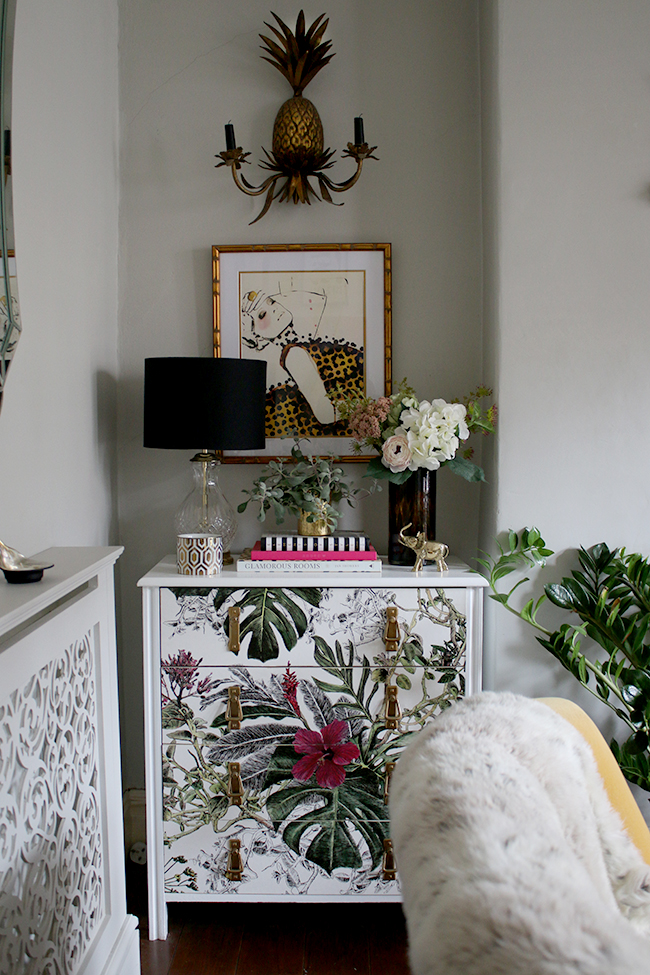 wallpaper chest of drawers with tropical print / dresser vignette / styling