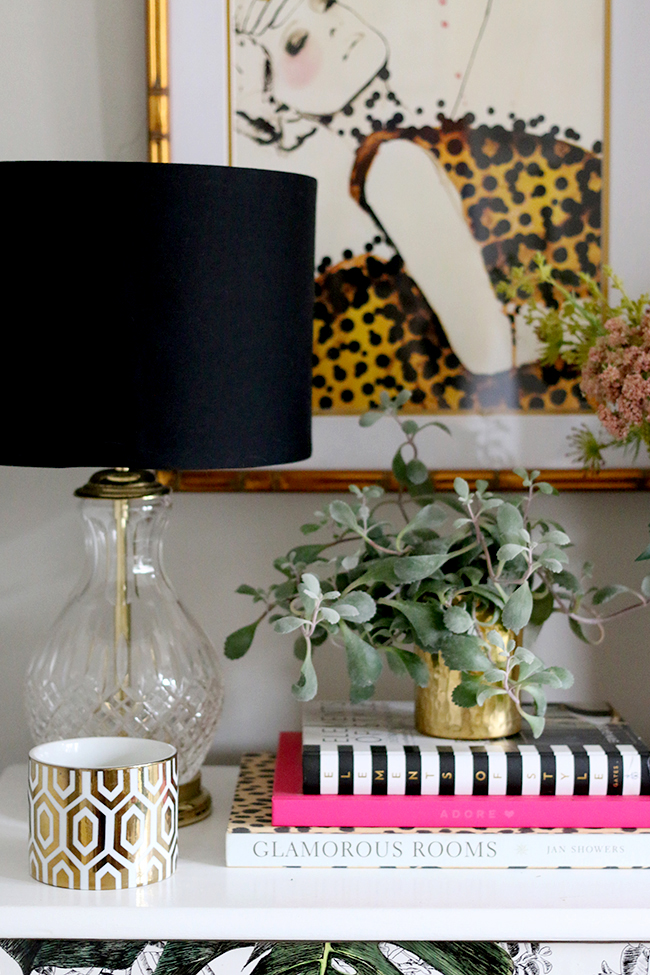 wallpaper chest of drawers with tropical print / dresser vignette / styling