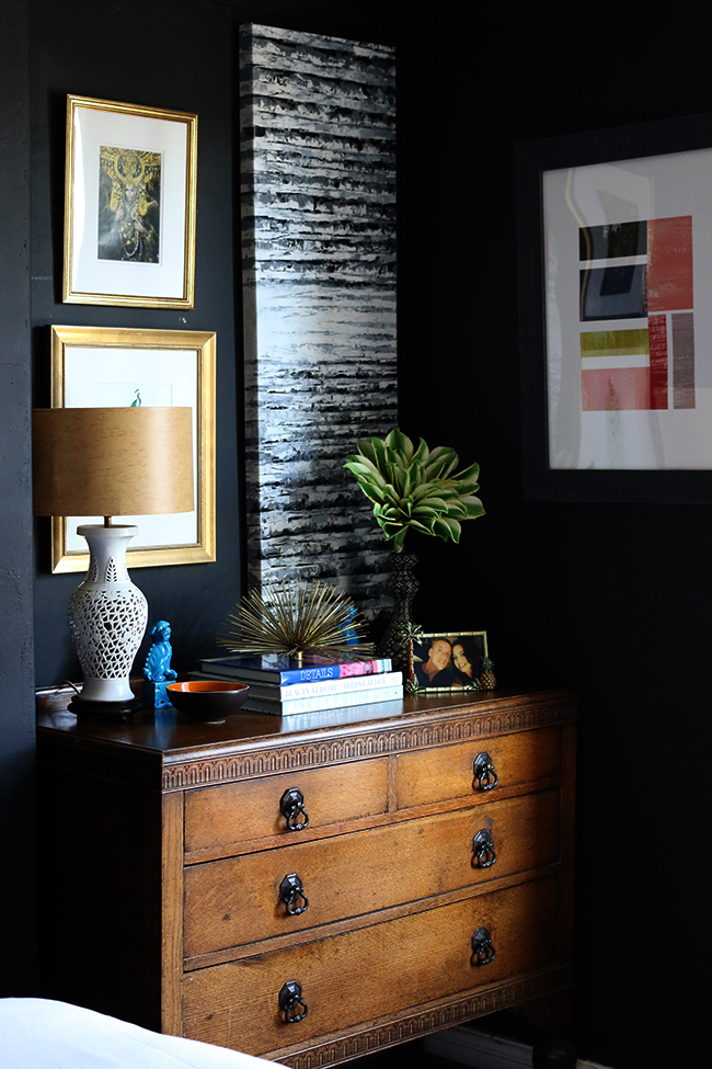 vintage chest of drawers in black bedroom