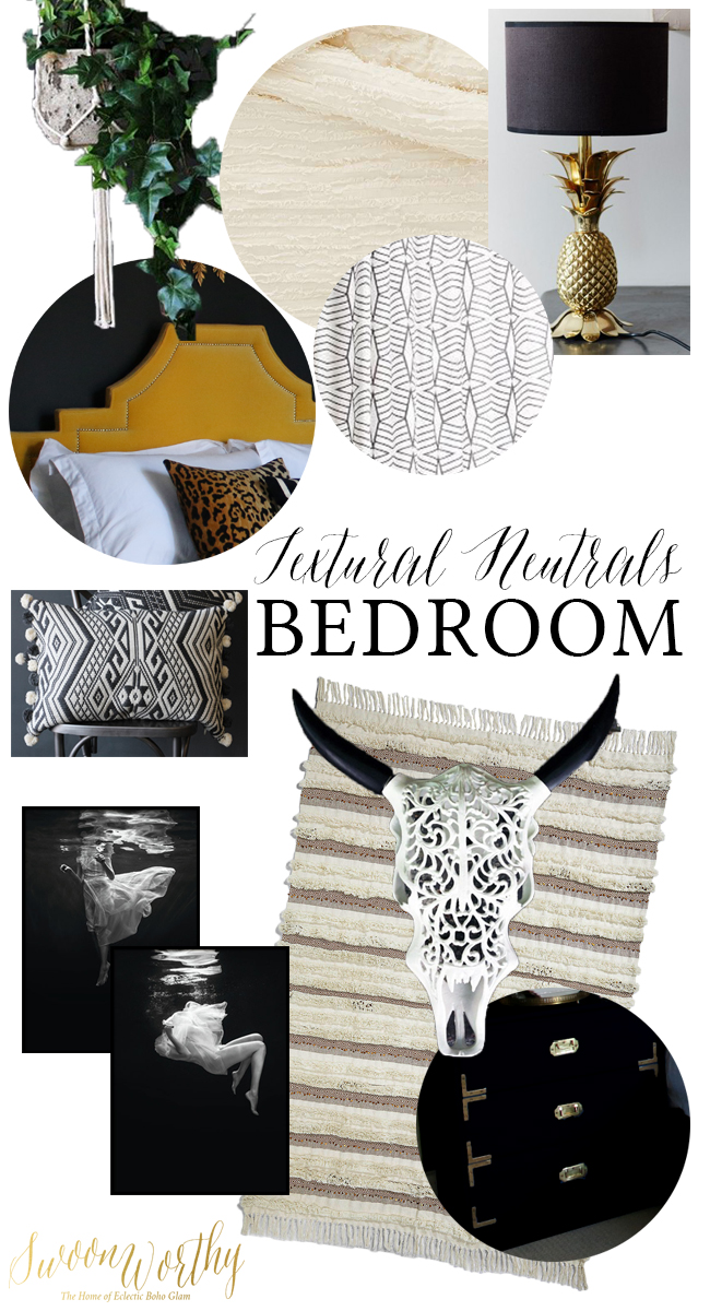 boho glam neutral bedroom moodboard with textural accents