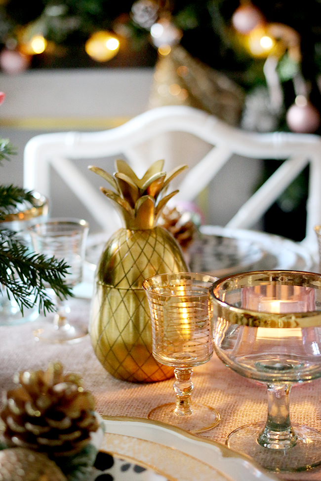 How to create a glam Christmas table setting on a budget with blush pink and gold and gold pineapples