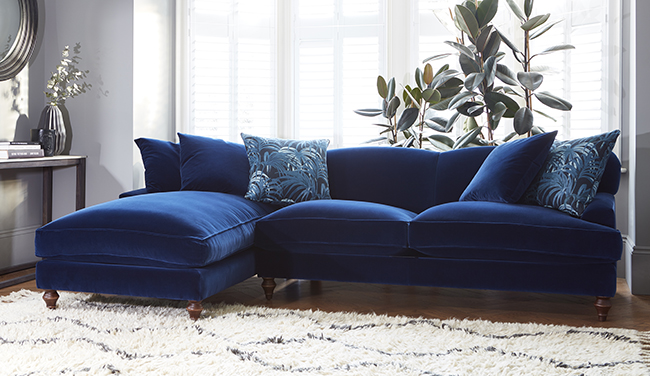 navy blue velvet sofa by Darlings of Chelsea 