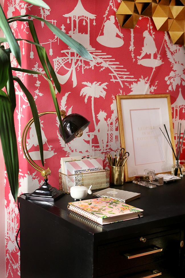 Boho glam office space with pink chinoiserie wallpaper