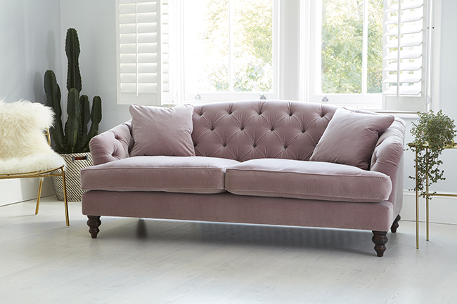 blush pink velvet button back sofa from Darlings of Chelsea