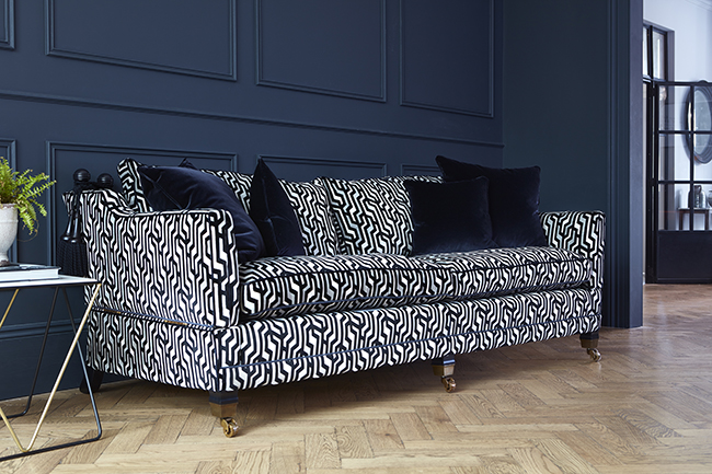 navy blue and white patterned velvet sofa from Darlings of Chelsea