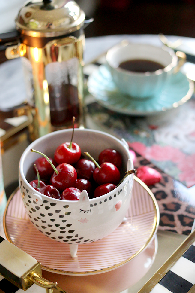 cat bowl on stylish Valentine's day coffee table setting