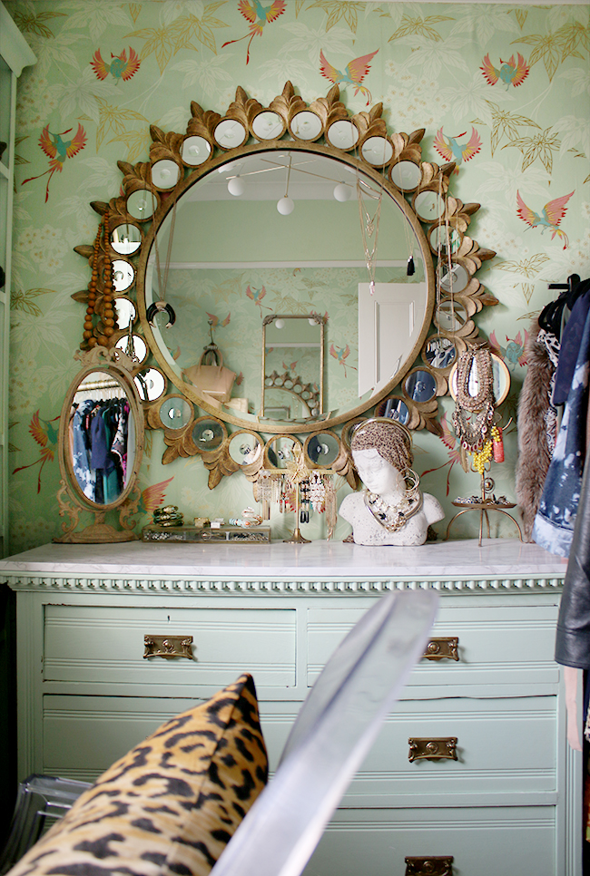 dressing room round mirror with mint green wallpaper