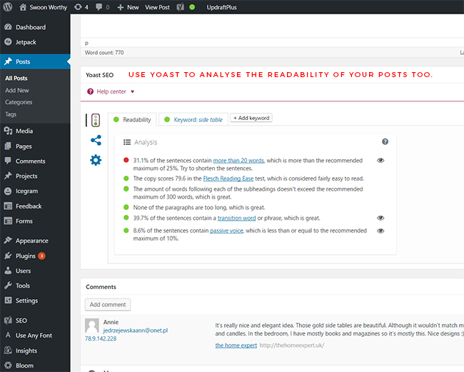 Using yoast to analyse the readability of your posts