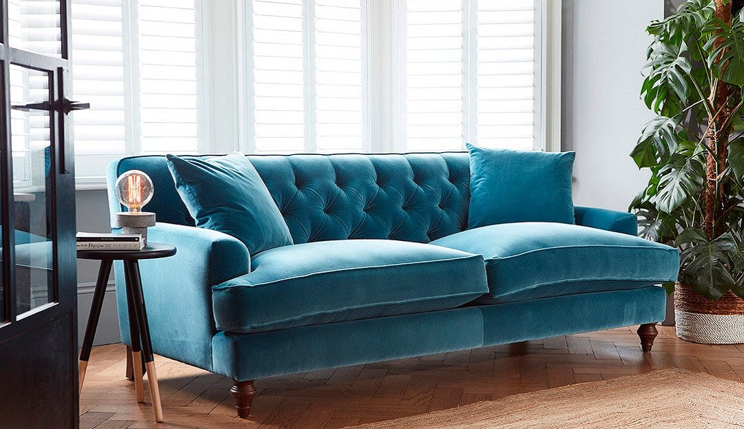 Charnwood sofa from Darlings of Chelsea in teal velvet fabric