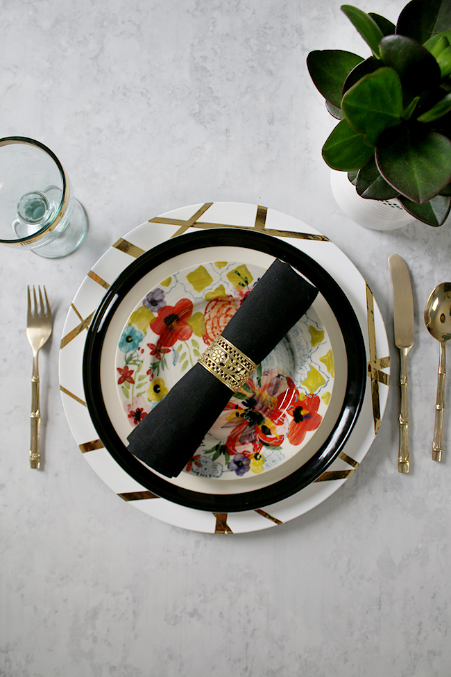 table setting mix and match black white and floral