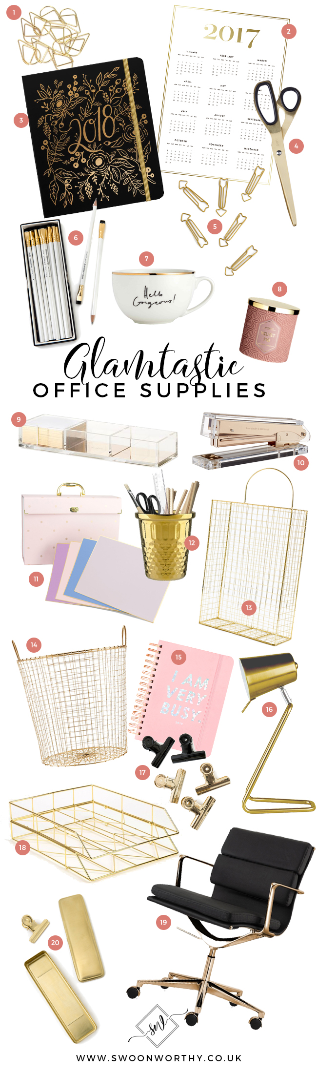 Gold glam office supplies moodboard buying guide edit