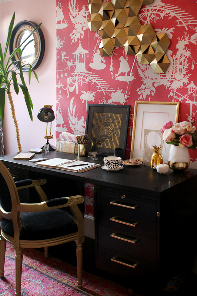 eclectic boho glam office space with pink black and gold