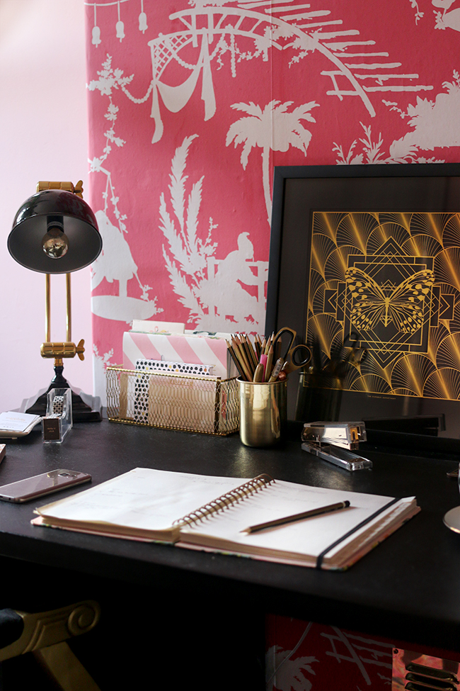 glam office supplies in pink black and gold