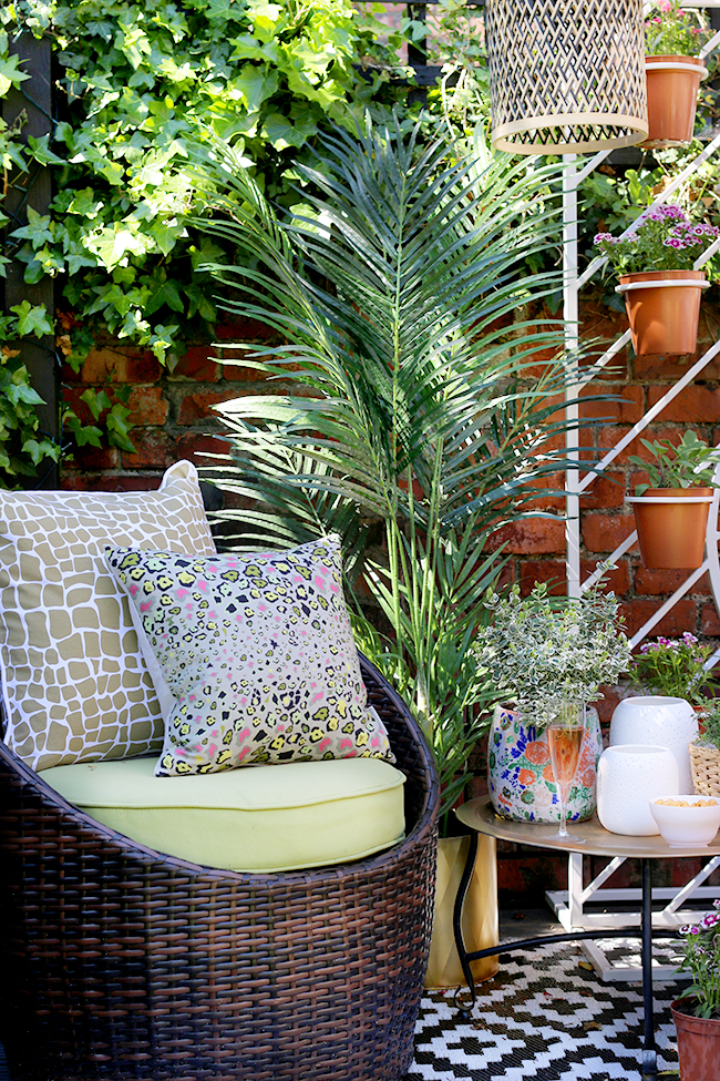 Garden patio design with wicker chair and plant screen